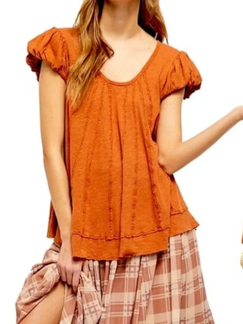 We The Free People NWT Star Boho Tee Distressed Puff Sleeve Top Lions Mane XS